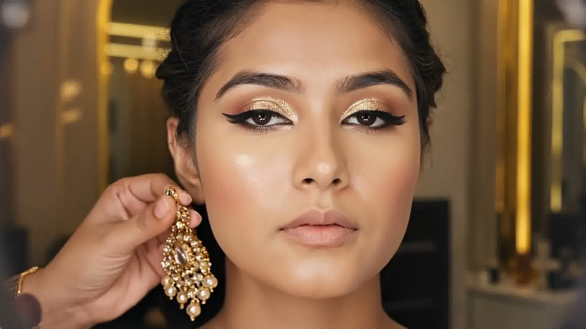 A kundan earring being fitted to a woman's ear, with gold glitter eye makeup