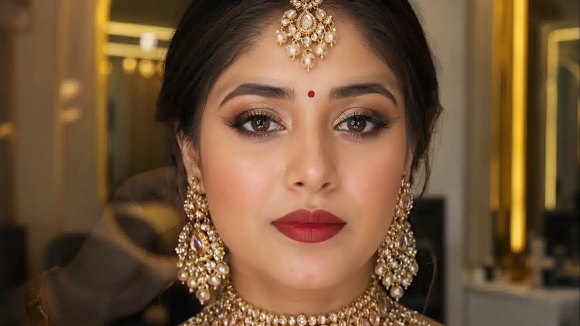 A bride in a maang tikka, red bindi, red lipstick, kundan earrings and choker
