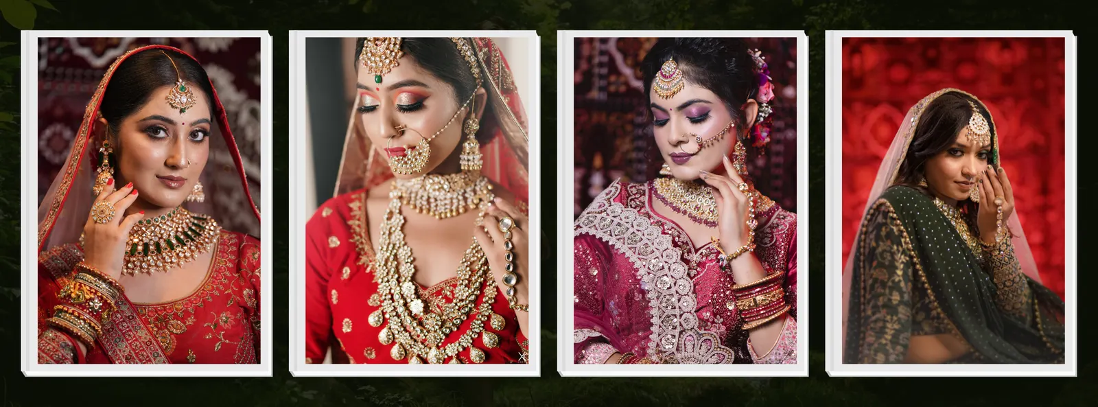 Four bridal portraits in white frames on a dark green background